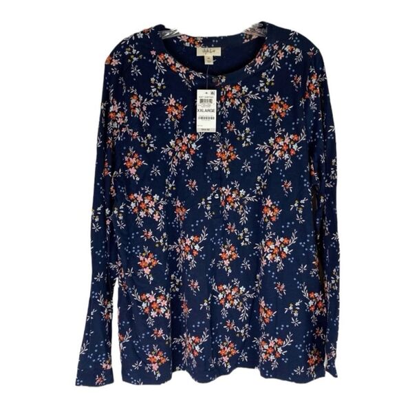 Style & Co Top Women’s Blue Floral Long Sleeve Henley Casual Crew Neck XXL - Picture 1 of 10